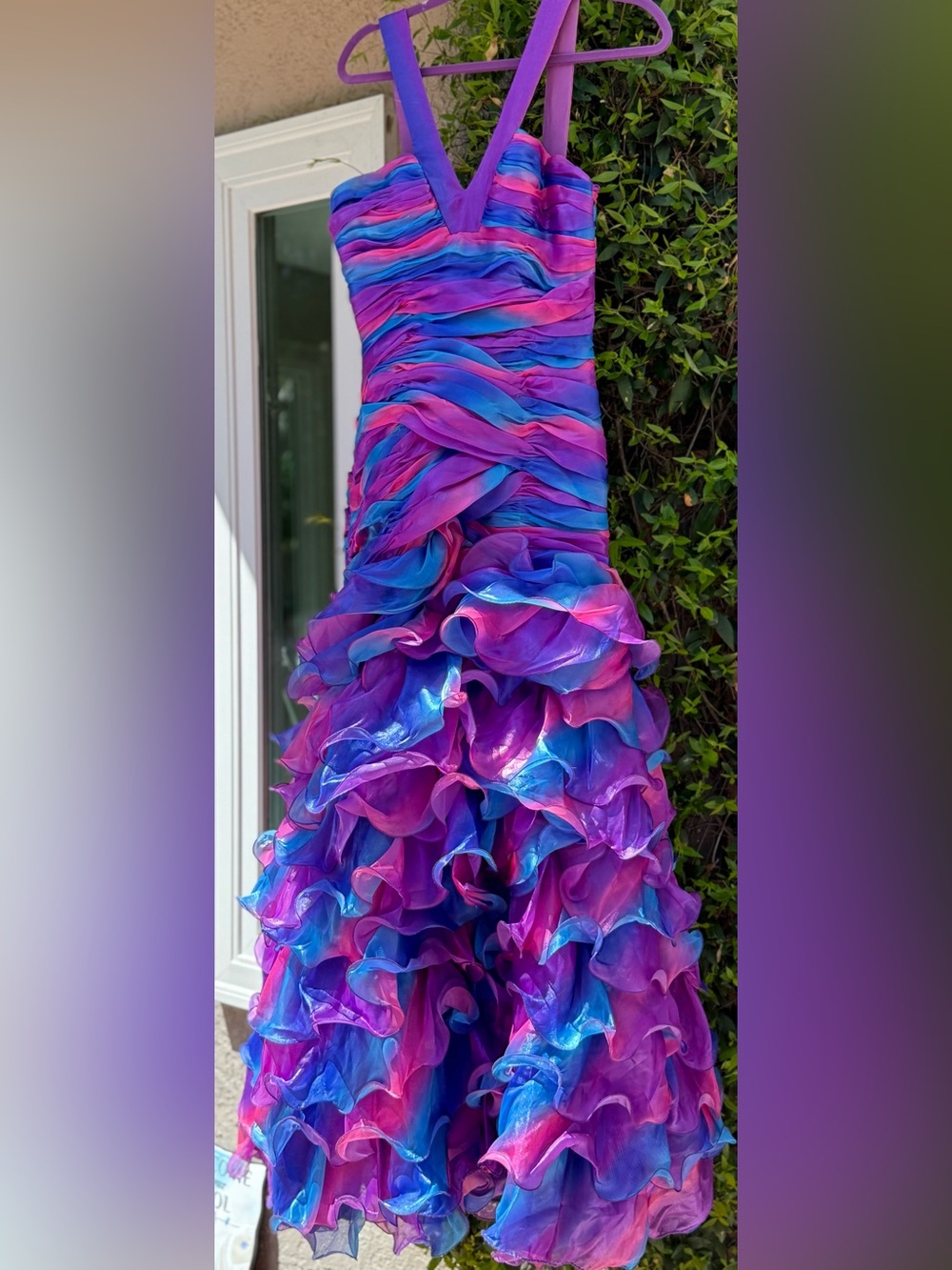Iridescent Purple & Blue Ruffled Prom Dress with V-Neck